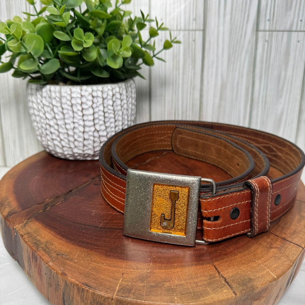 Vintage Lee USA Brown Leather Belt Silver Gold Initial J Buckle Stitch Detail 32